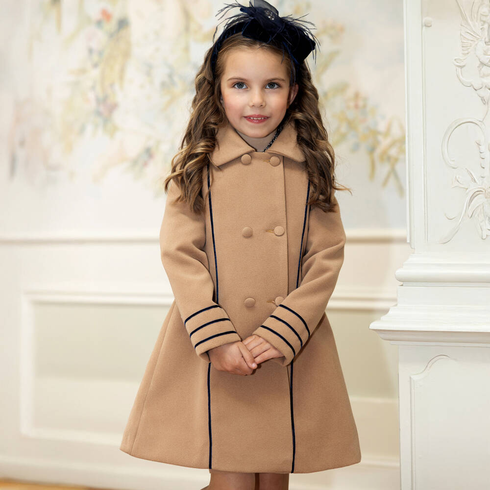 Piccola Speranza-Girls Beige Felted Coat with Navy Blue Trim | Childrensalon Outlet