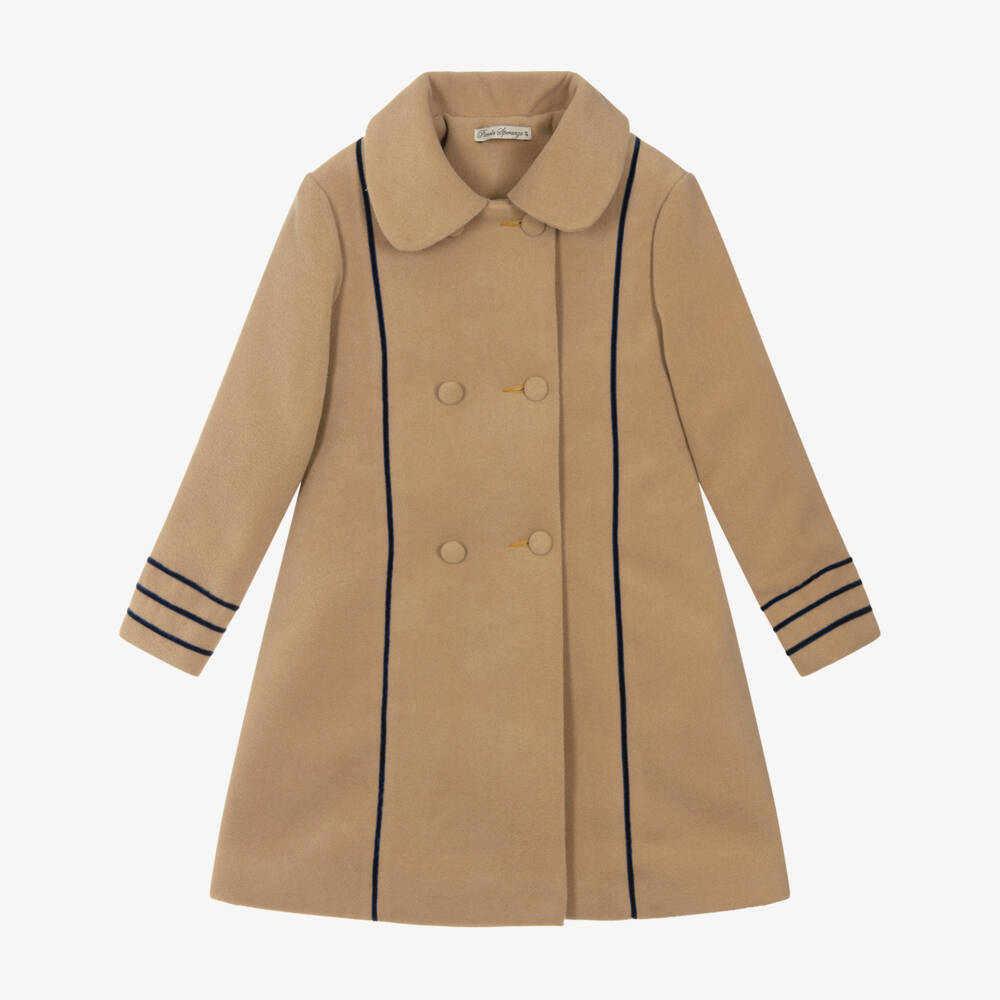 Piccola Speranza-Girls Beige Felted Coat with Navy Blue Trim | Childrensalon Outlet