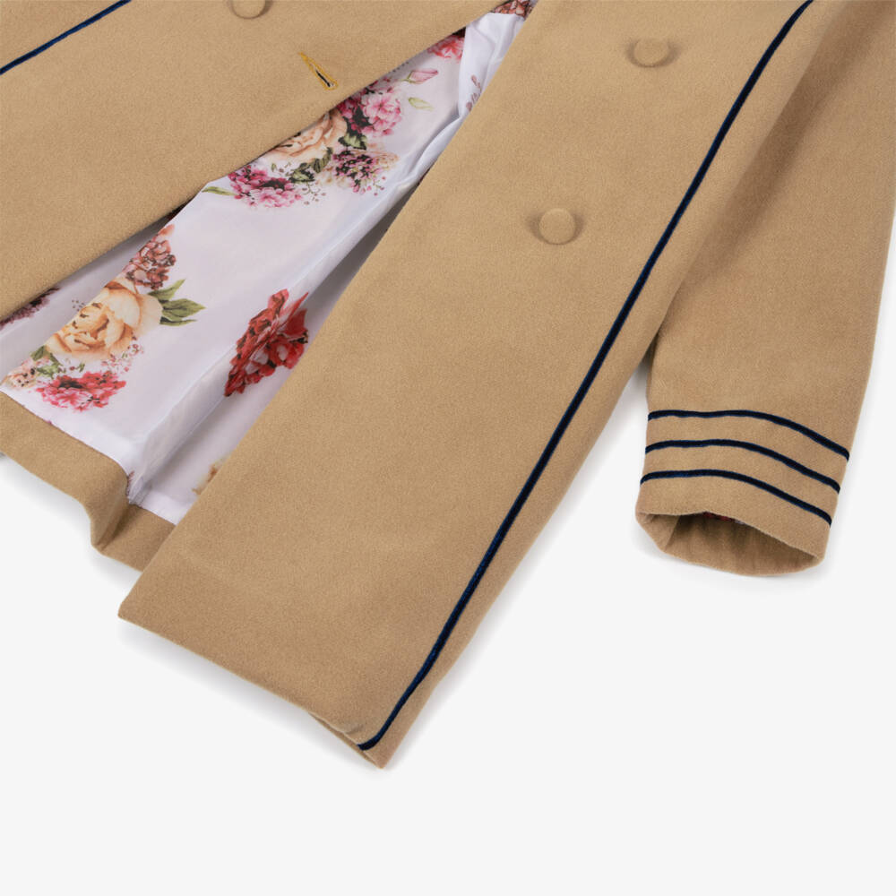 Piccola Speranza-Girls Beige Felted Coat with Navy Blue Trim | Childrensalon Outlet