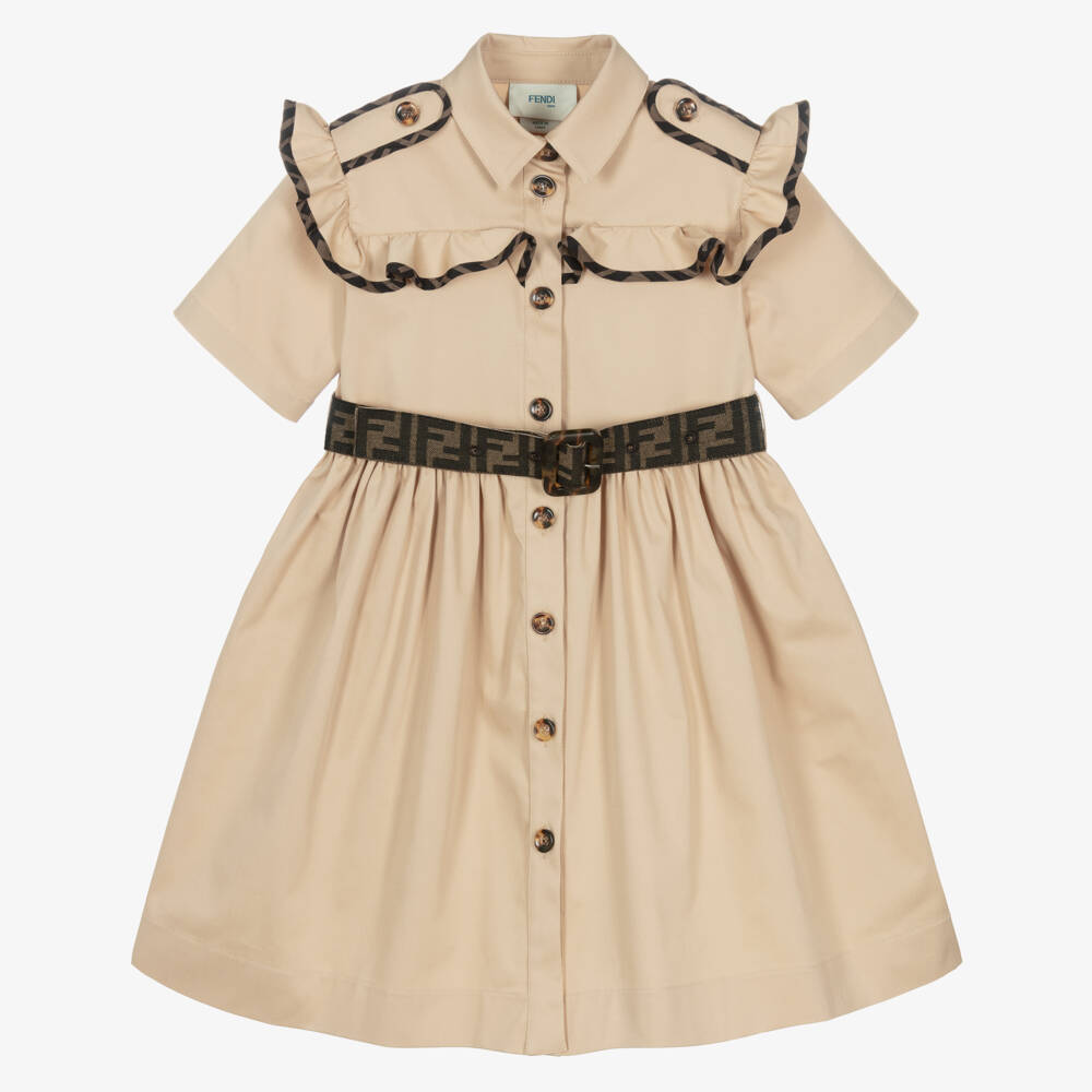 Fendi-Платье из бежевого хлопкового твила для девочек | Childrensalon Outlet