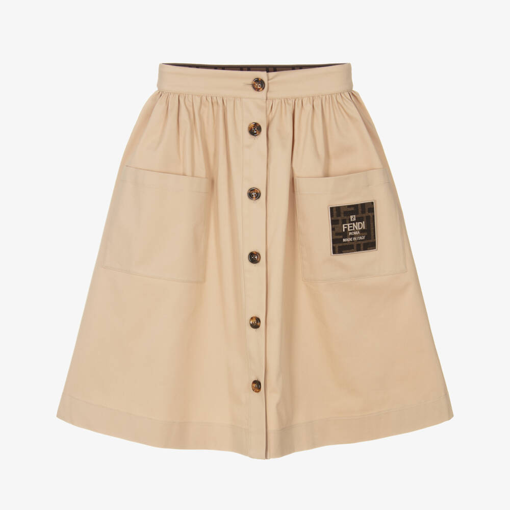Fendi-Girls Beige FF Logo Cotton Skirt | Childrensalon Outlet