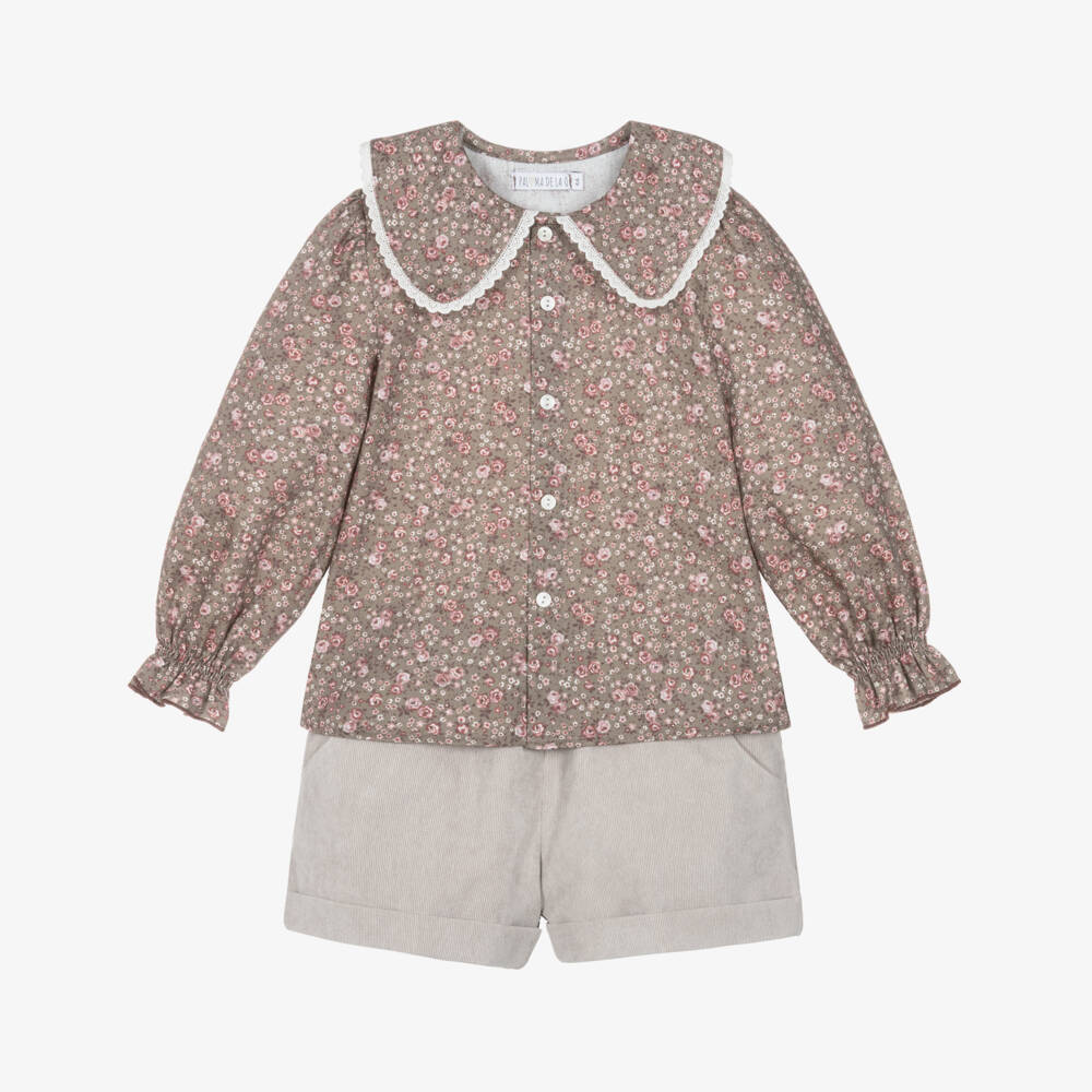 Paloma de la O-Girls Beige Floral Blouse & Needlecord Shorts Set | Childrensalon Outlet