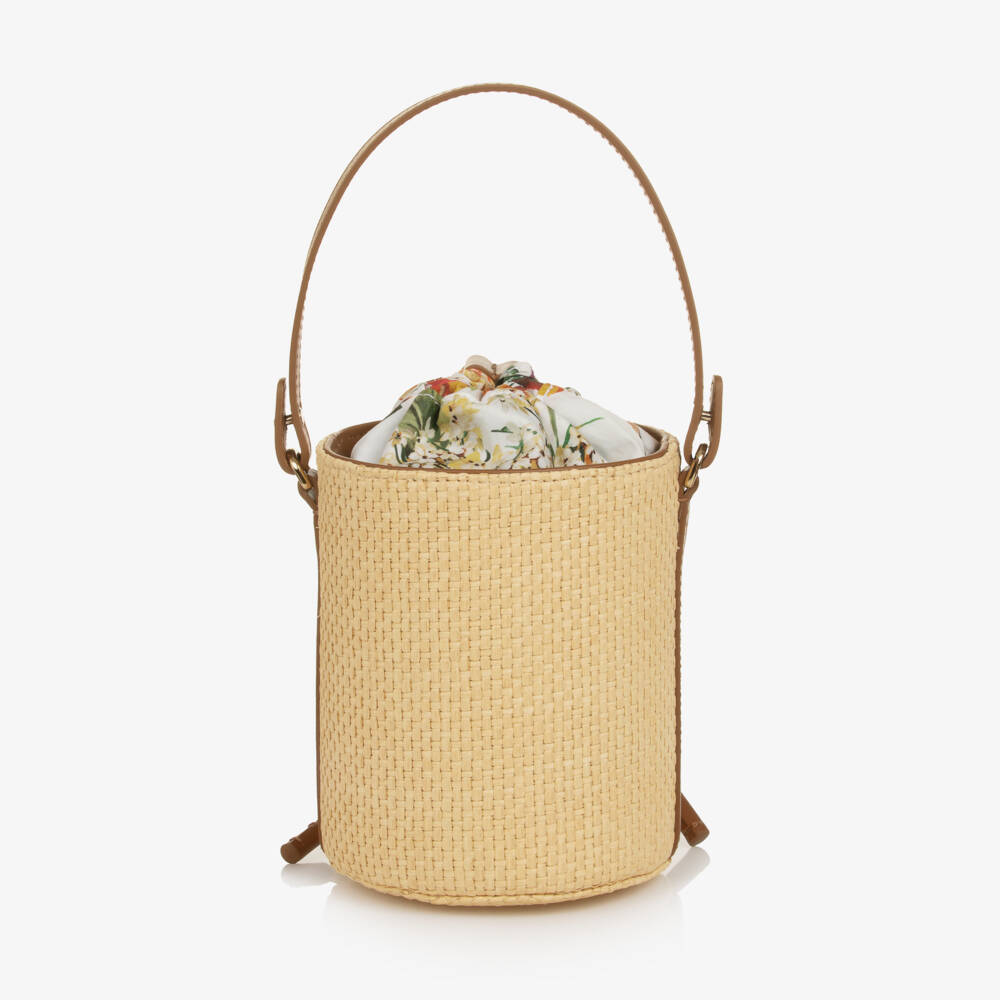 Dolce & Gabbana-Girls Beige Floral & Straw Bag (14cm) | Childrensalon Outlet
