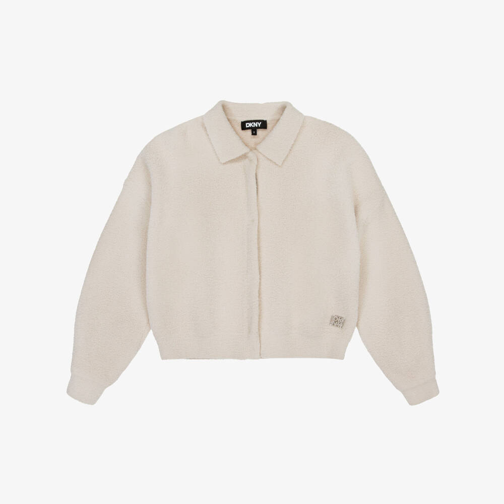 DKNY-Girls Beige Fluffy Knit Cardigan with Collar | Childrensalon Outlet