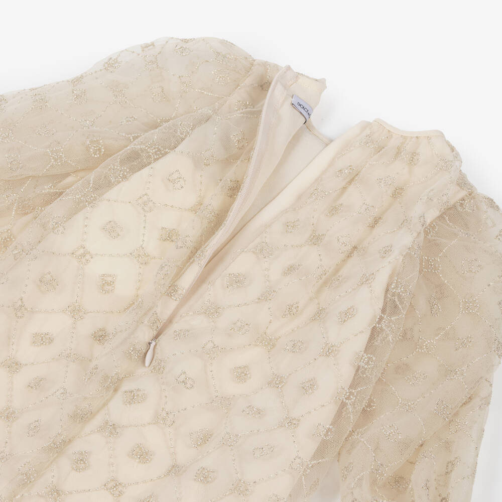 Dolce & Gabbana-Girls Beige & Gold Tulle Dress with DG Embroidery | Childrensalon Outlet