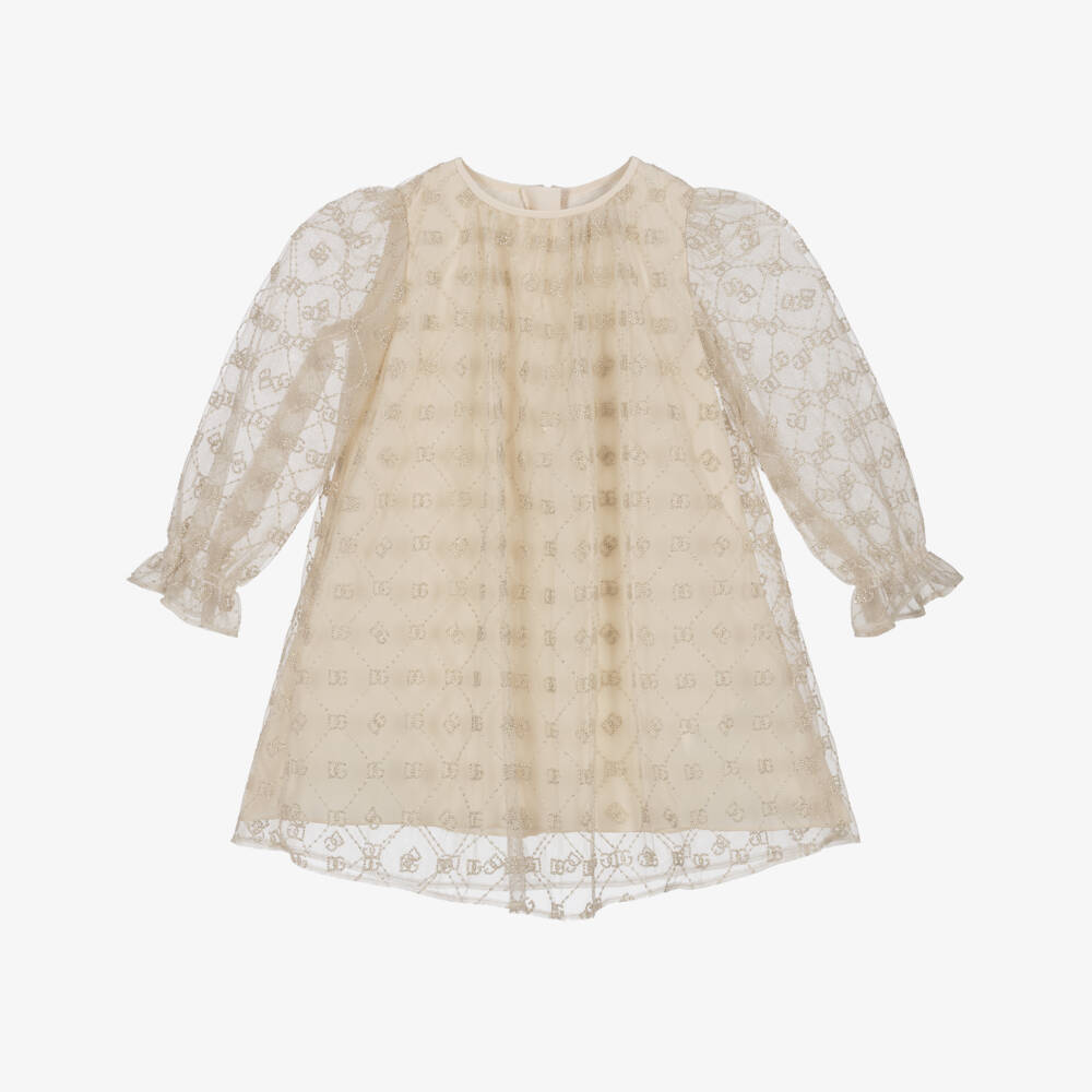 Dolce & Gabbana-Girls Beige & Gold Tulle Dress with DG Embroidery | Childrensalon Outlet