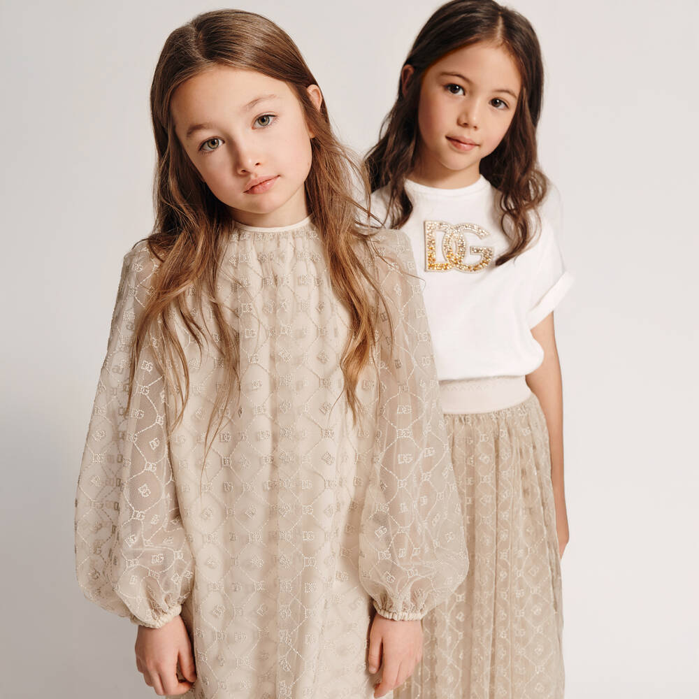 Dolce & Gabbana-Girls Beige & Gold Tulle Skirt with DG Embroidery | Childrensalon Outlet