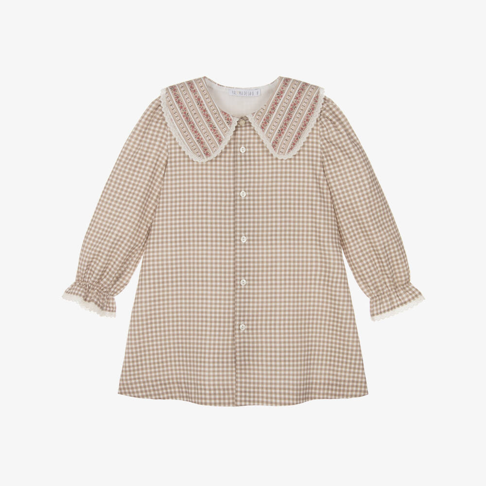 Paloma de la O-Girls Beige & Ivory Check Cotton Dress with Floral Collar | Childrensalon Outlet