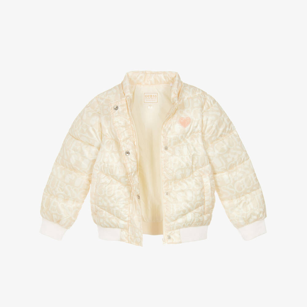 Guess-Girls Beige & Ivory Logo Puffer Jacket | Childrensalon Outlet
