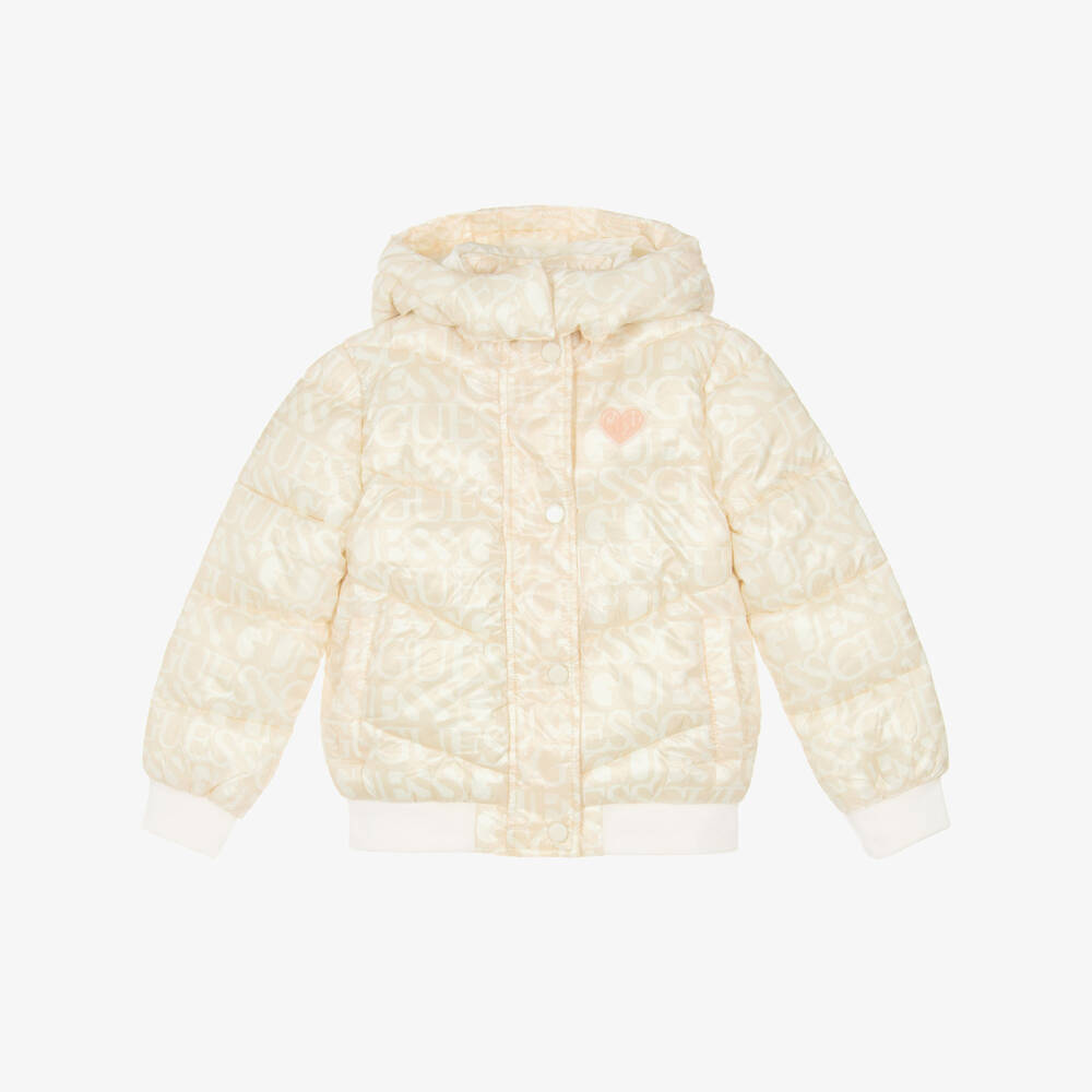Guess-Girls Beige & Ivory Logo Puffer Jacket | Childrensalon Outlet