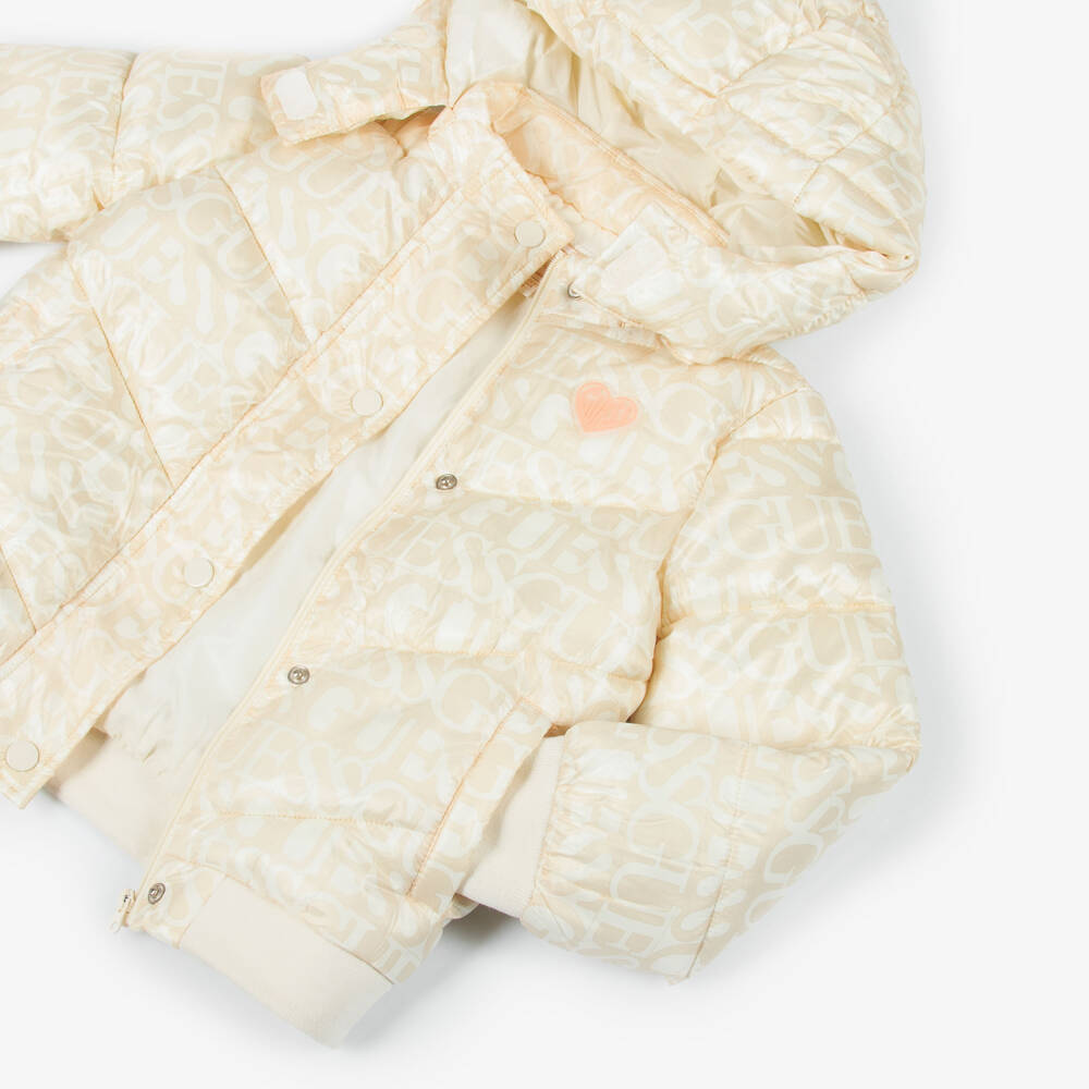 Guess-Girls Beige & Ivory Logo Puffer Jacket | Childrensalon Outlet