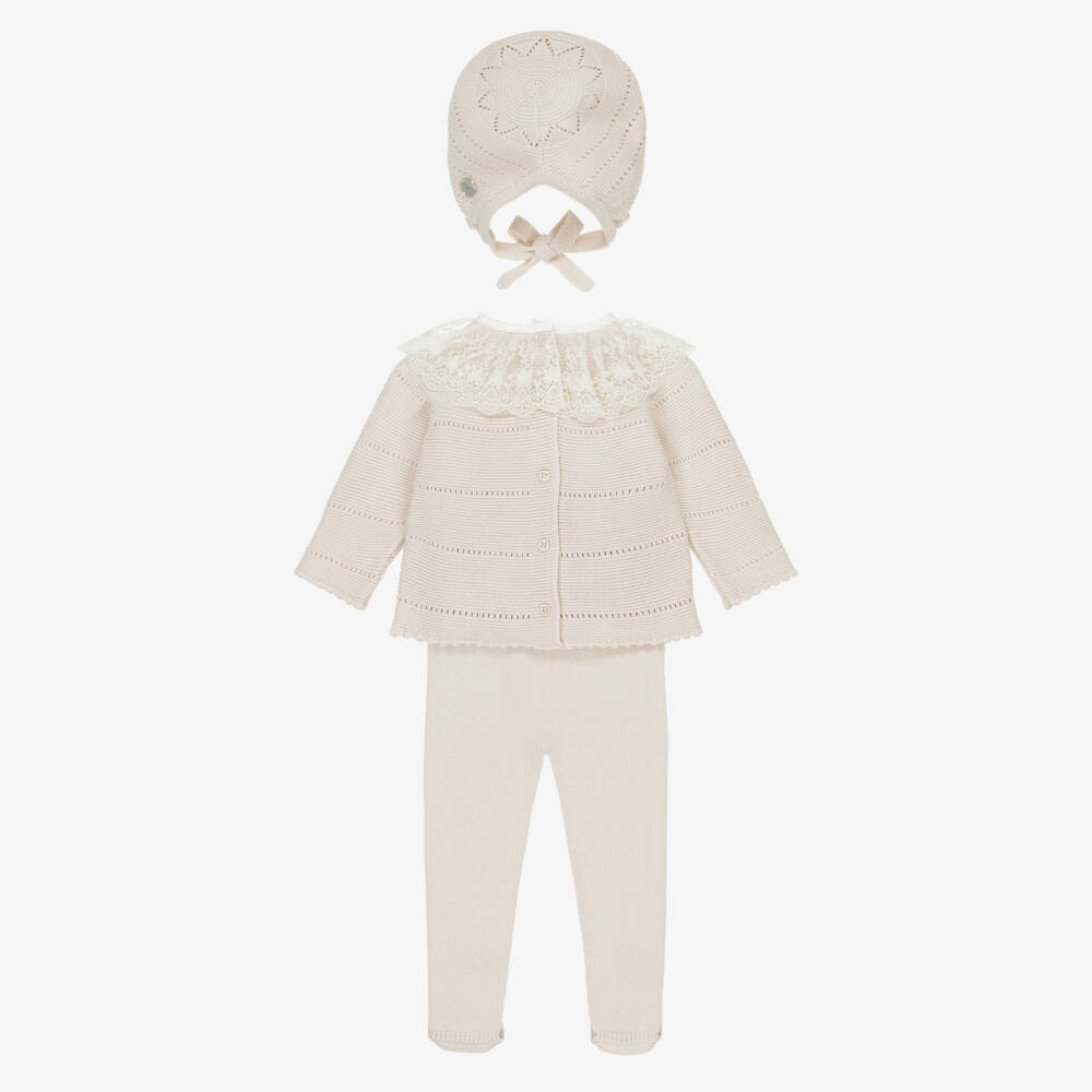 Artesanía Granlei-Girls Beige Knitted 2 Piece Babysuit & Bonnet Set | Childrensalon Outlet