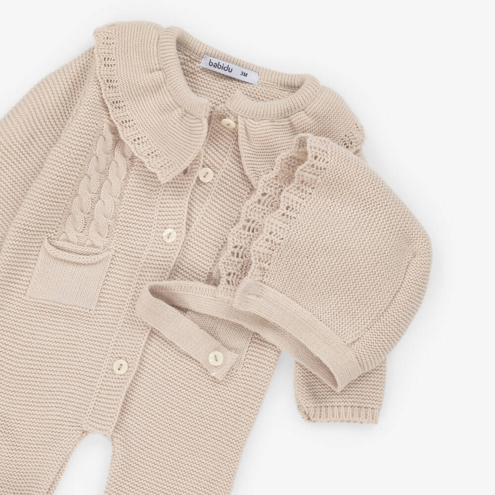 Babidu-Girls Beige Knitted Babygrow & Hat Set | Childrensalon Outlet