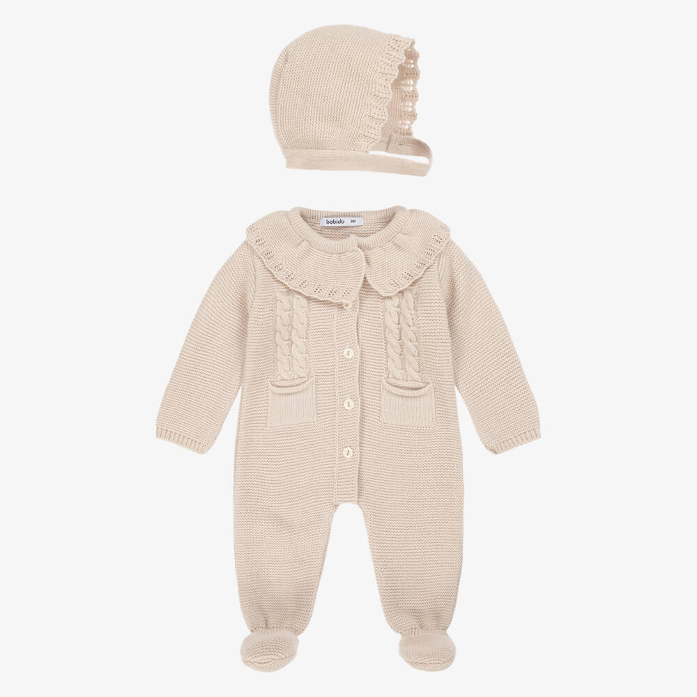 Babidu-Girls Beige Knitted Babygrow & Hat Set | Childrensalon Outlet