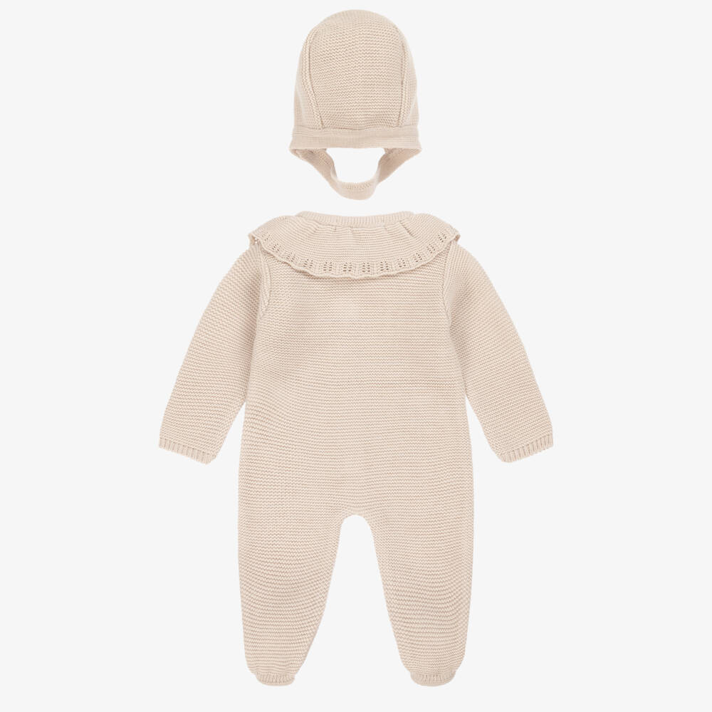 Babidu-Girls Beige Knitted Babygrow & Hat Set | Childrensalon Outlet