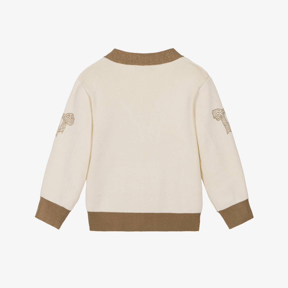 Beau KiD-Girls Beige Knitted Diamanté Bow Cardigan | Childrensalon Outlet