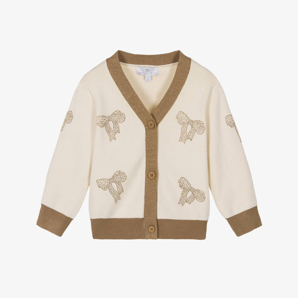 Beau KiD-Girls Beige Knitted Diamanté Bow Cardigan | Childrensalon Outlet