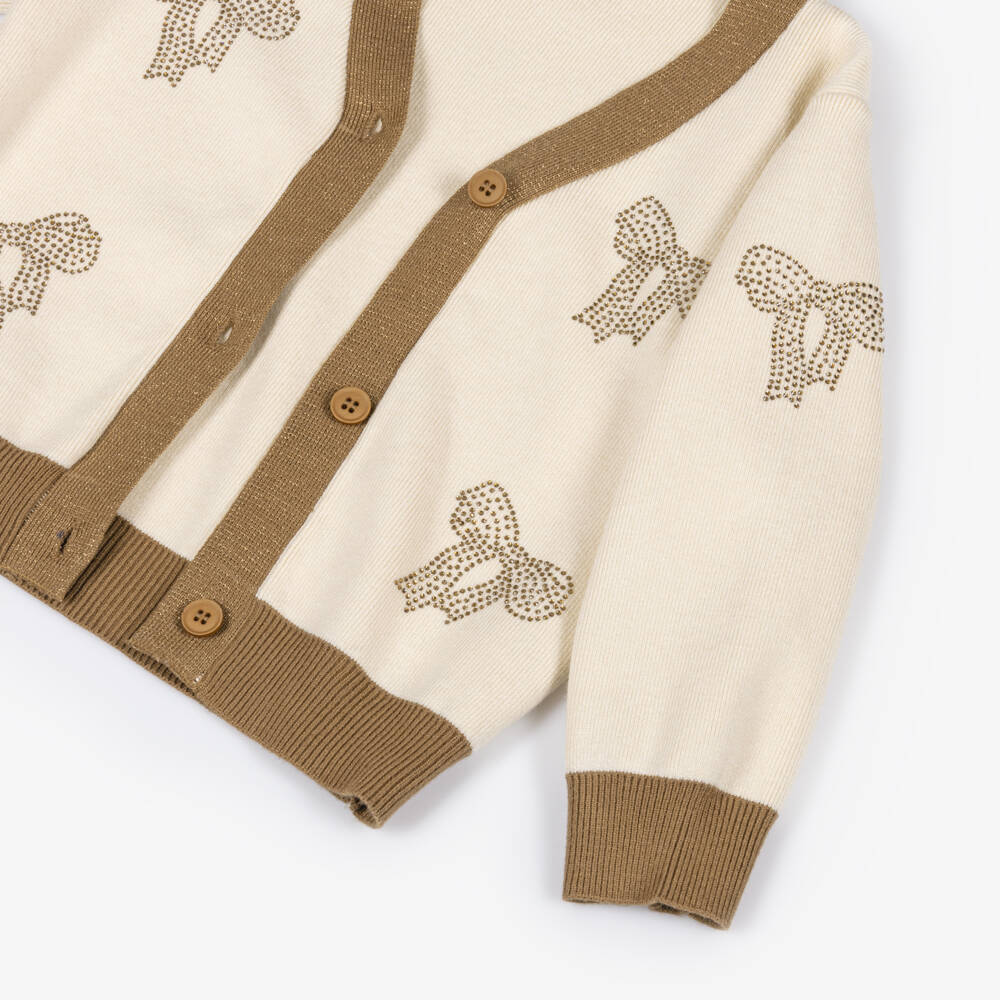 Beau KiD-Girls Beige Knitted Diamanté Bow Cardigan | Childrensalon Outlet