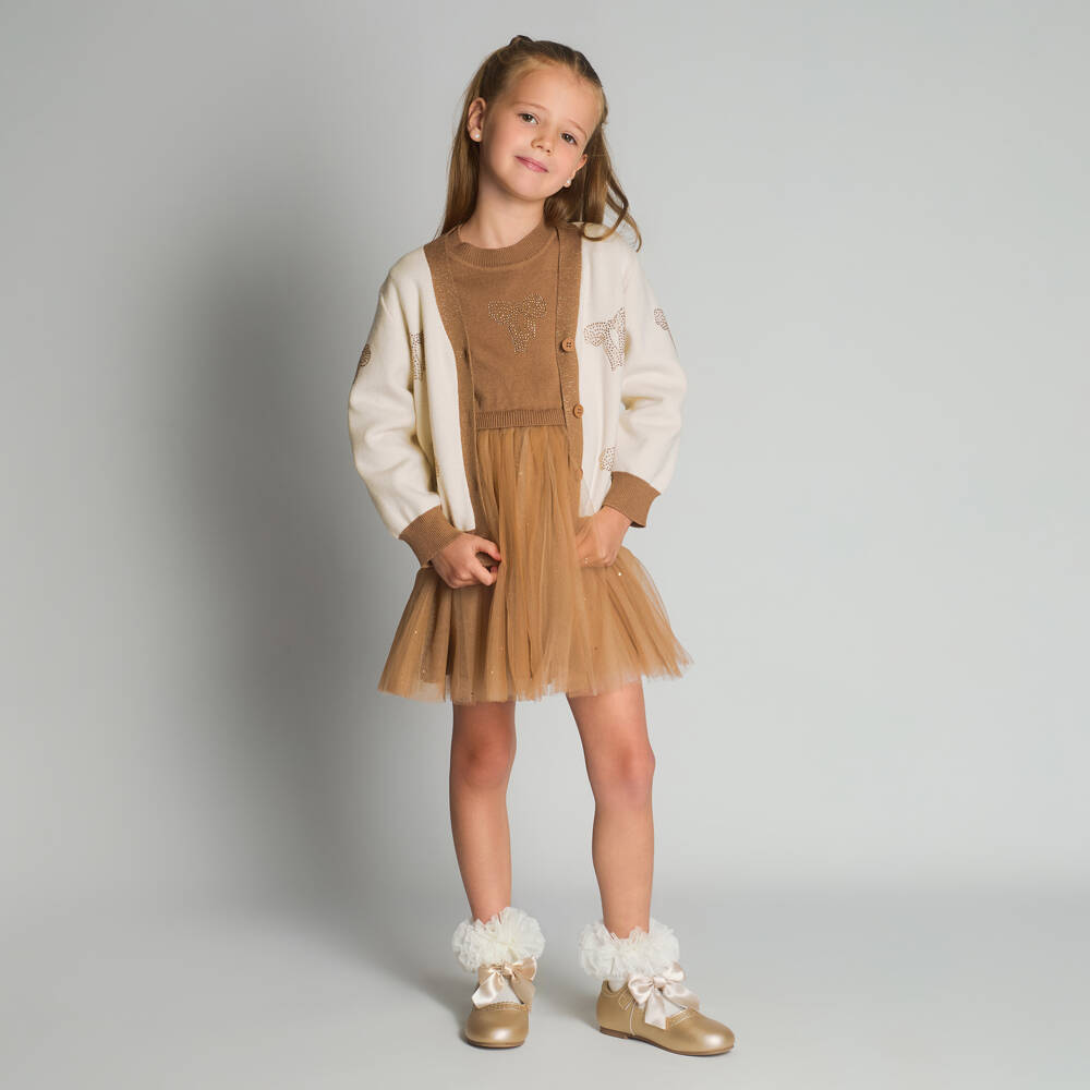 Beau KiD-Girls Beige Knitted Diamanté Bow Cardigan | Childrensalon Outlet