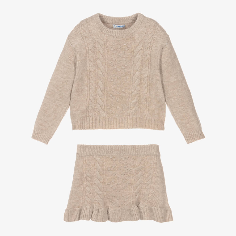 Mayoral-Girls Beige Knitted Skirt Set | Childrensalon Outlet
