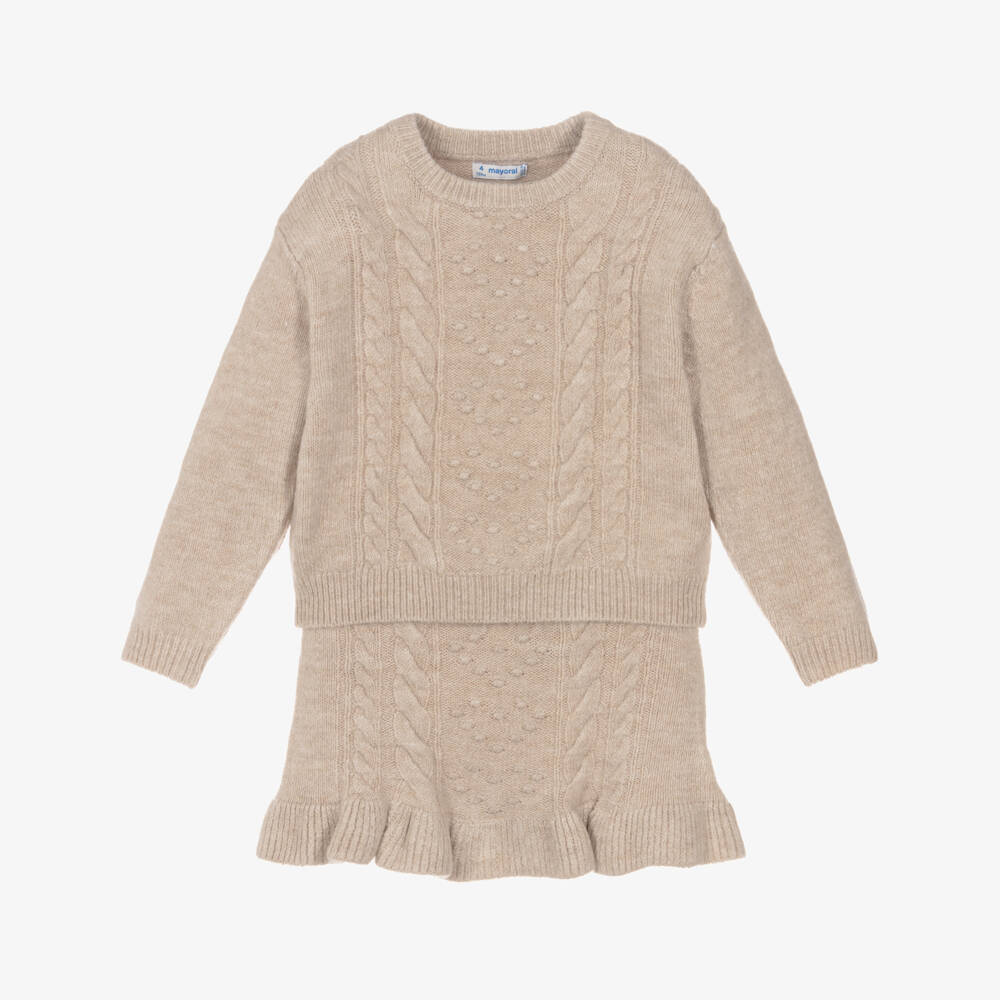 Mayoral-Girls Beige Knitted Skirt Set | Childrensalon Outlet