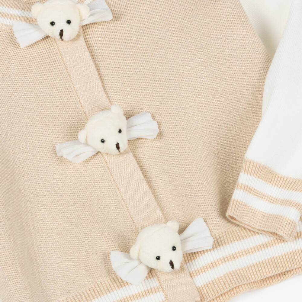 Beau KiD-Girls Beige Knitted Skirt Set with Teddy Bear Trims | Childrensalon Outlet