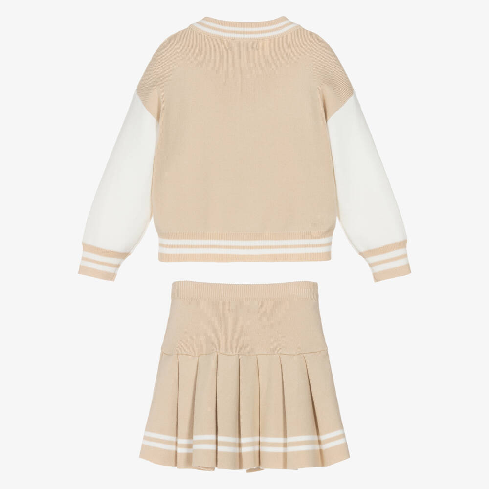 Beau KiD-Girls Beige Knitted Skirt Set with Teddy Bear Trims | Childrensalon Outlet