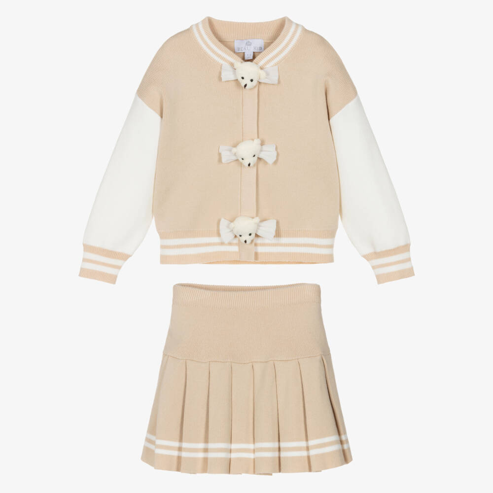 Beau KiD-Girls Beige Knitted Skirt Set with Teddy Bear Trims | Childrensalon Outlet