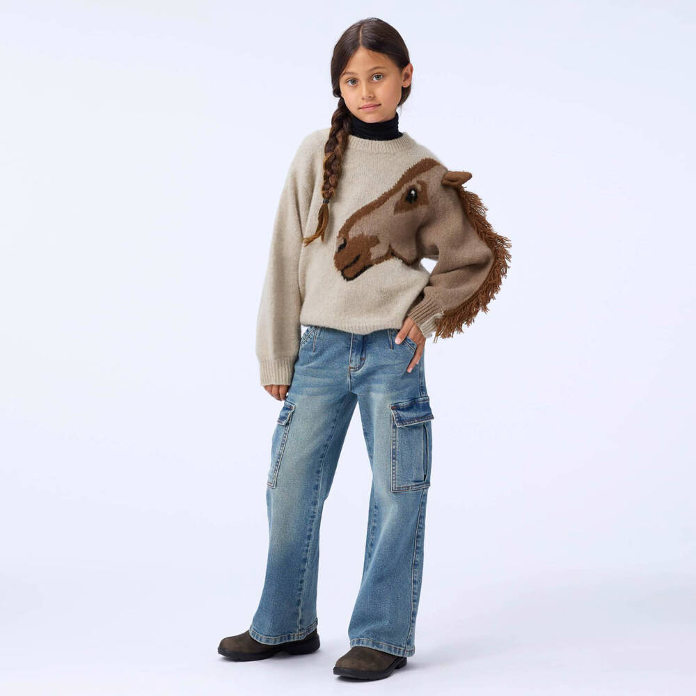 Molo-Girls Beige Knitted Wool Sweater with Fringed Horse Sleeve | Childrensalon Outlet