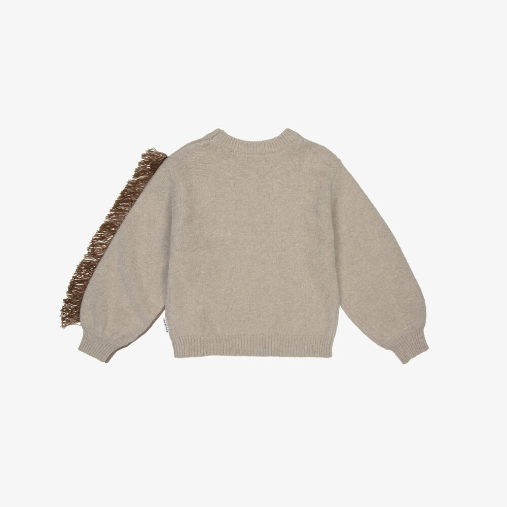 Molo-Girls Beige Knitted Wool Sweater with Fringed Horse Sleeve | Childrensalon Outlet