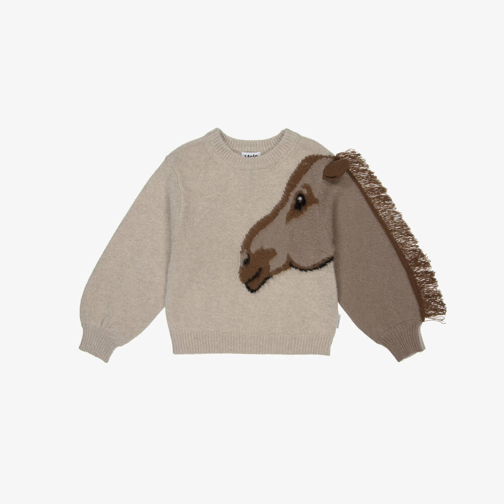 Molo-Girls Beige Knitted Wool Sweater with Fringed Horse Sleeve | Childrensalon Outlet