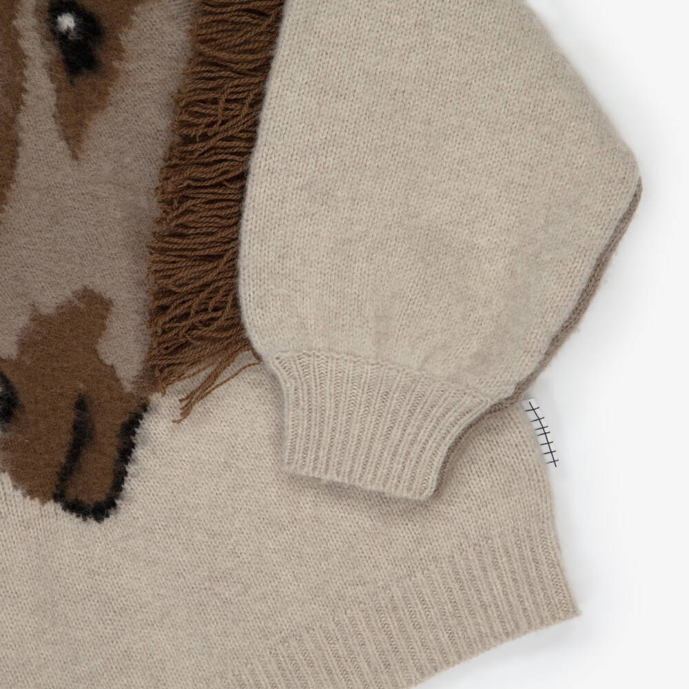 Molo-Girls Beige Knitted Wool Sweater with Fringed Horse Sleeve | Childrensalon Outlet