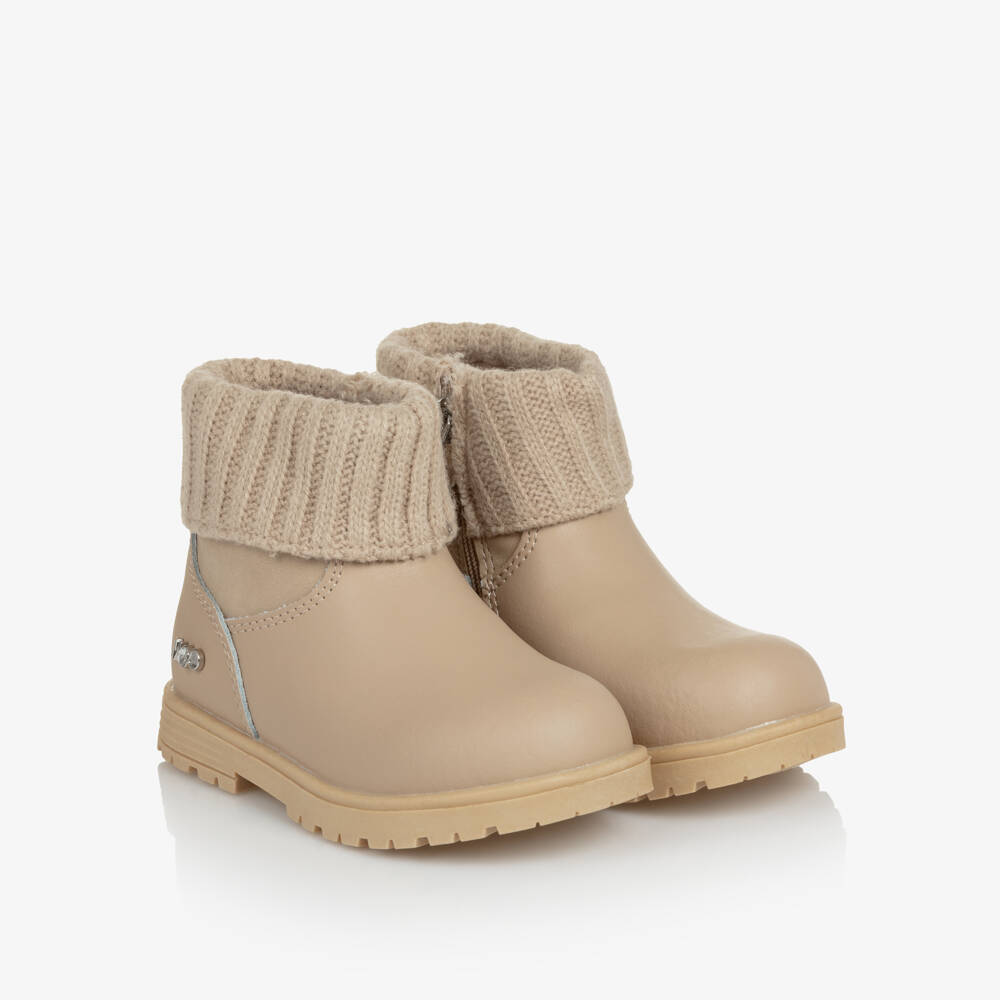 Mayoral-Girls Beige Leather Ankle Boots with Ribbed Knit Trim | Childrensalon Outlet
