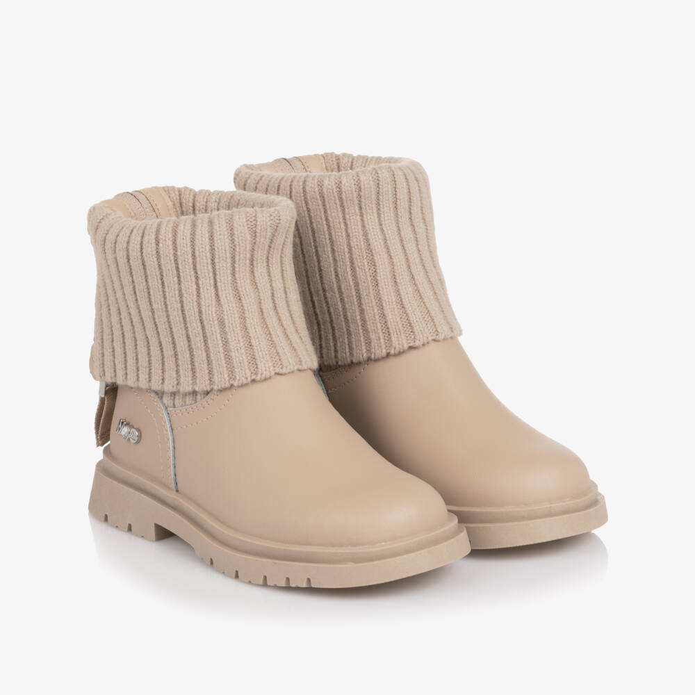 Mayoral-Girls Beige Leather & Rib Knit Cuff Boots | Childrensalon Outlet