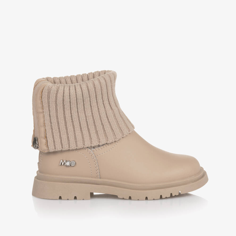 Mayoral-Girls Beige Leather & Rib Knit Cuff Boots | Childrensalon Outlet