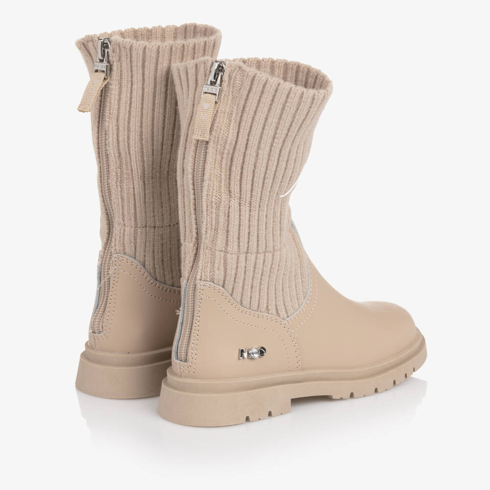 Mayoral-Girls Beige Leather & Rib Knit Cuff Boots | Childrensalon Outlet