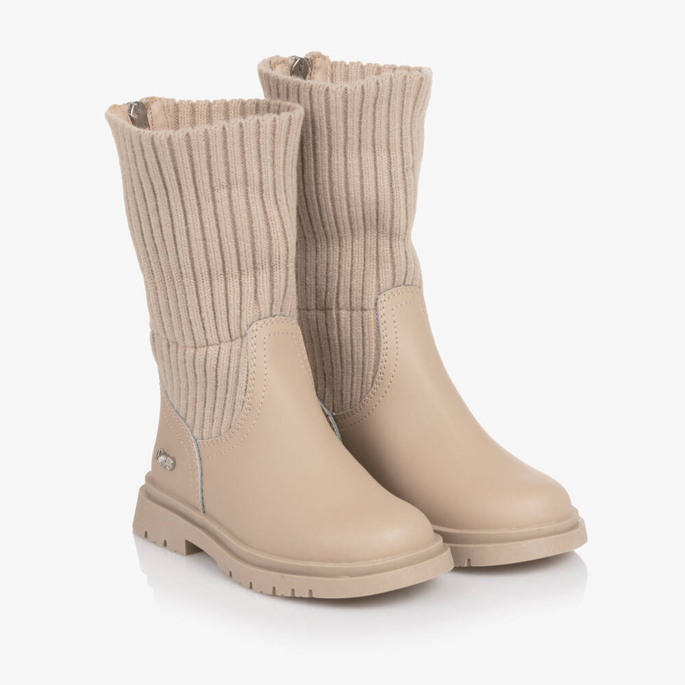Mayoral-Girls Beige Leather & Rib Knit Cuff Boots | Childrensalon Outlet