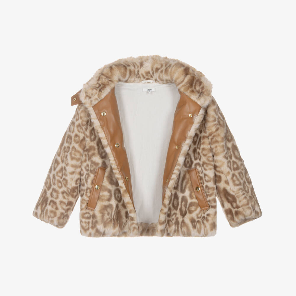 Chloé-Girls Beige Leopard Faux Fur Jacket | Childrensalon Outlet