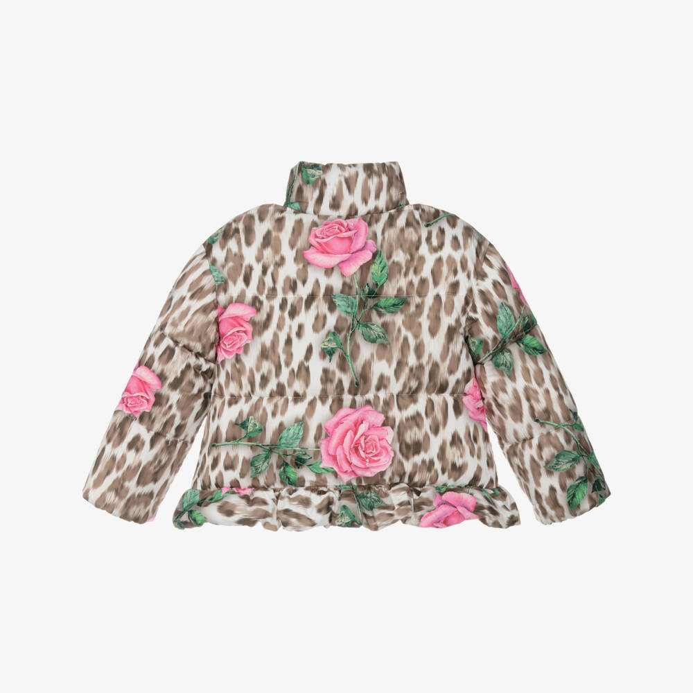 Monnalisa-Girls Beige Leopard & Pink Rose Print Puffer Jacket | Childrensalon Outlet