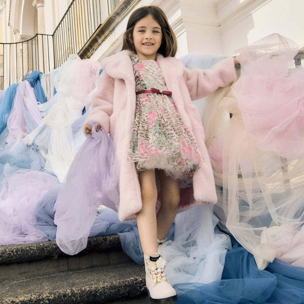 Monnalisa-Girls Beige Leopard & Pink Rose Print Tulle Dress | Childrensalon Outlet