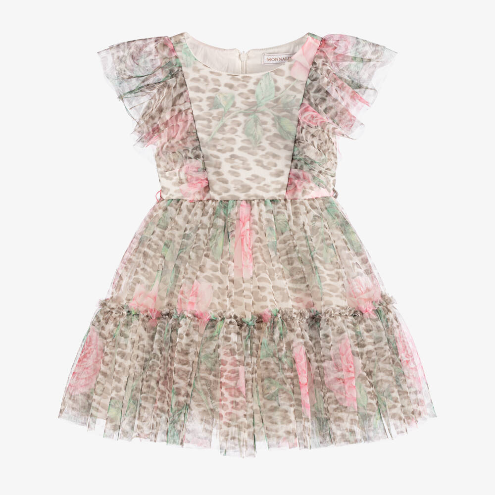 Monnalisa-Girls Beige Leopard & Pink Rose Print Tulle Dress | Childrensalon Outlet