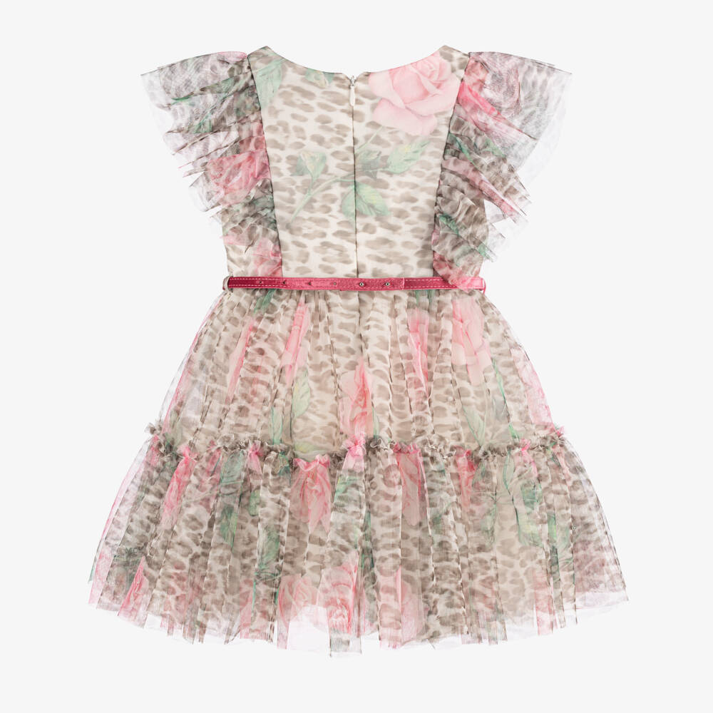 Monnalisa-Girls Beige Leopard & Pink Rose Print Tulle Dress | Childrensalon Outlet