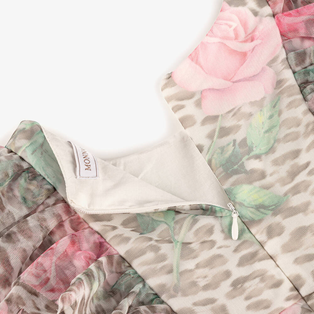 Monnalisa-Girls Beige Leopard & Pink Rose Print Tulle Dress | Childrensalon Outlet