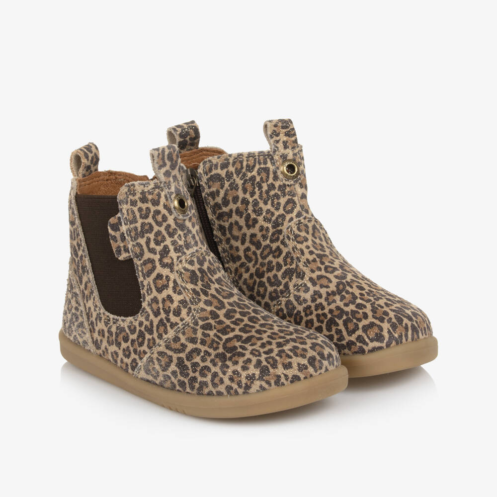 Bobux IWalk-Girls Beige Leopard Shimmer Chelsea Boots | Childrensalon Outlet