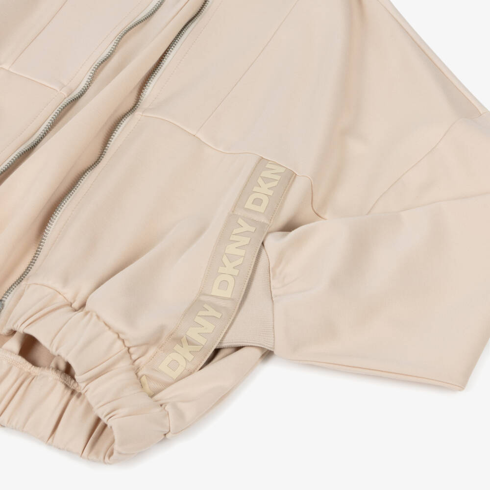 DKNY-Girls Beige Milano Jersey Zip-Up Top with Logo Tape | Childrensalon Outlet