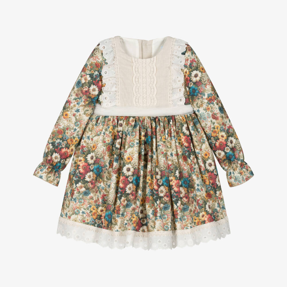 Abuela Tata-Girls Beige & Multicoloured Vintage Floral Print Dress | Childrensalon Outlet