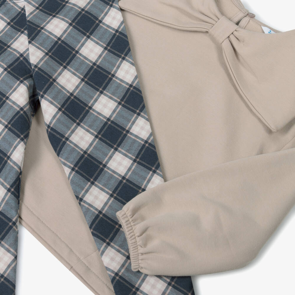 Mayoral-Girls Beige & Navy Blue Tartan Check Cotton Leggings Set | Childrensalon Outlet
