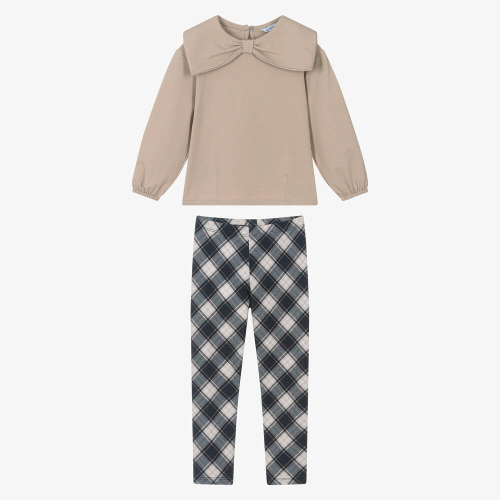 Mayoral-Girls Beige & Navy Blue Tartan Check Cotton Leggings Set | Childrensalon Outlet