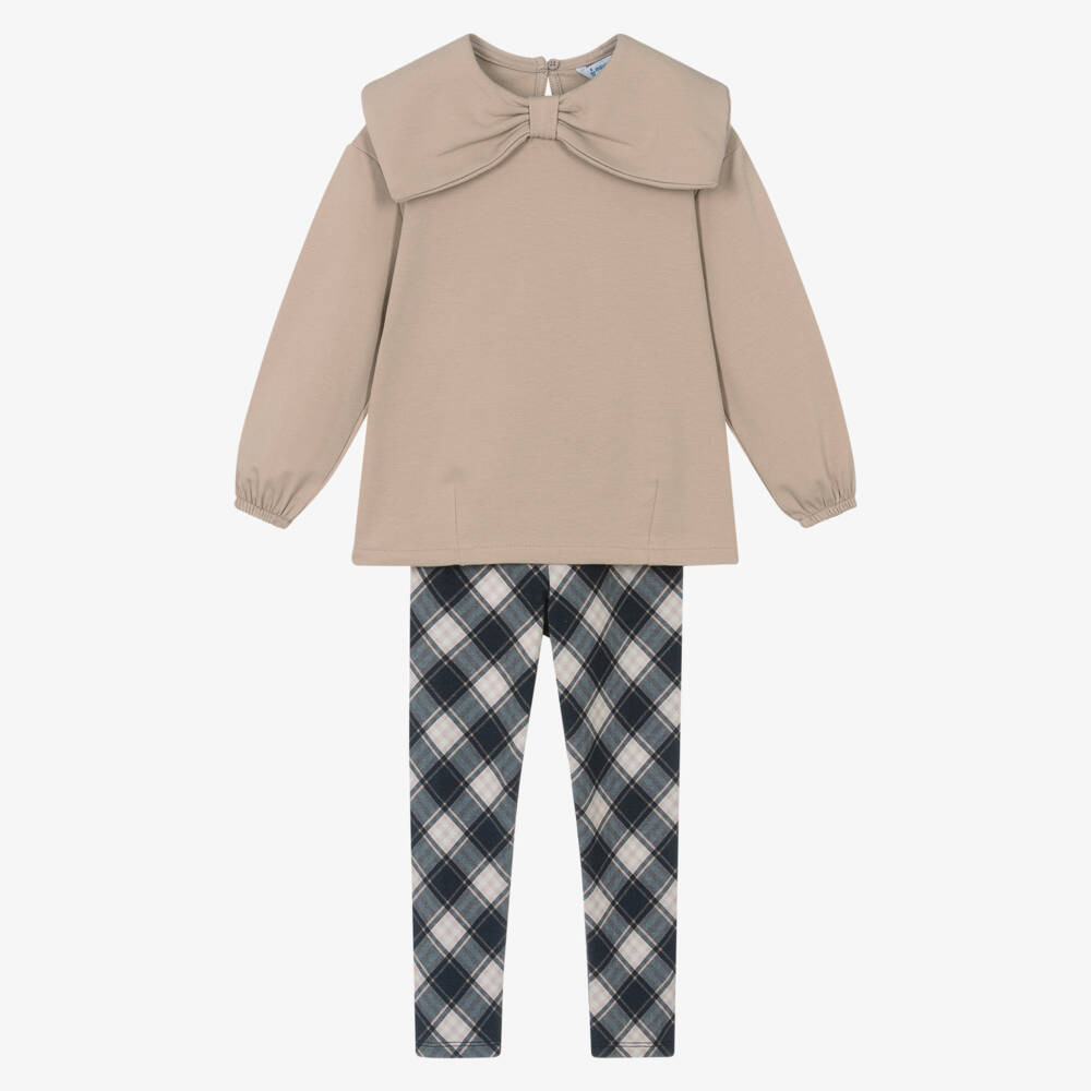 Mayoral-Girls Beige & Navy Blue Tartan Check Cotton Leggings Set | Childrensalon Outlet