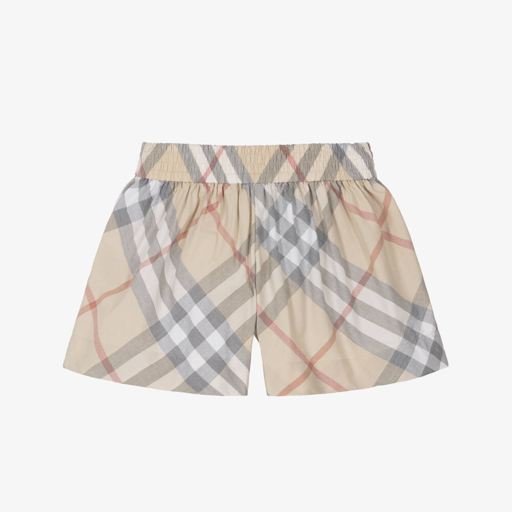 Burberry-Girls Beige Organic Cotton Check Shorts | Childrensalon Outlet
